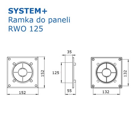 Wymiary ramki RW 125 do paneli System+ produkcji Awenta.