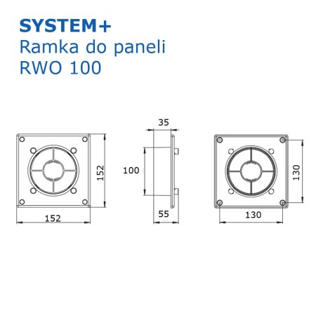 Wymiary ramki RWO 100 do paneli System+ produkcji Awenta.