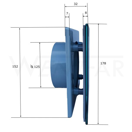Wymiary panelu Trax PTGB 125 wraz z ramką RWO 125, z linii System+ produkcji Awenta.