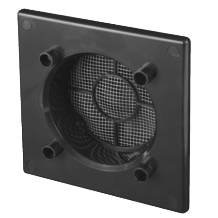 Ramka RWO do paneli System+ produkcji Awenta, w kolorze czarnym, z siatką przeciw owadom i kołnierzem o średnicy 100 mm.