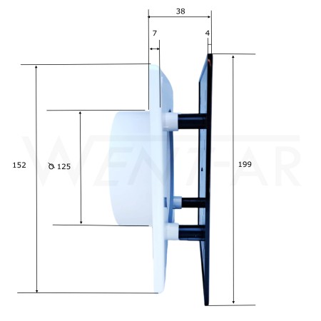 Wymiary panelu Trax PTCB 125 wraz z ramką RWO 125, z linii System+ produkcji Awenta.